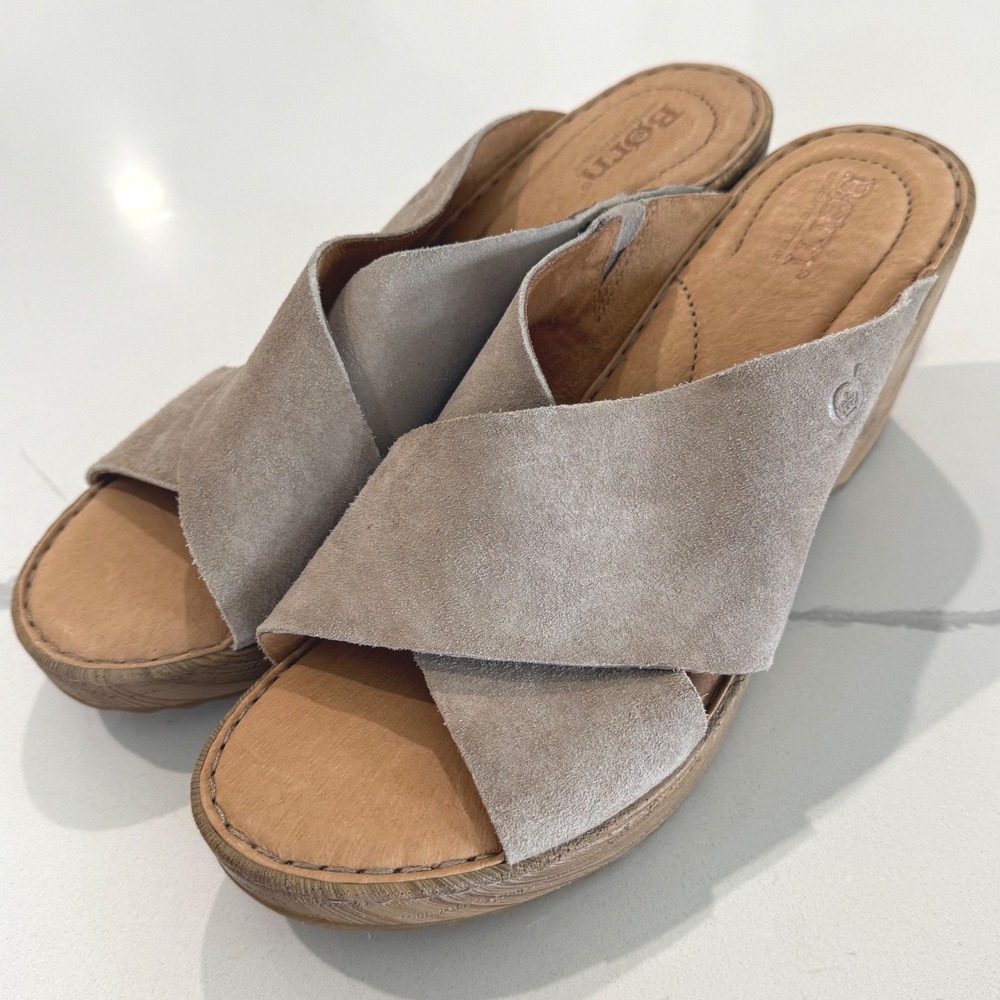 BORN‎ Nora Gray Suede Crisscross Wedge Sandals Women's Size 10M Slip On Shoes